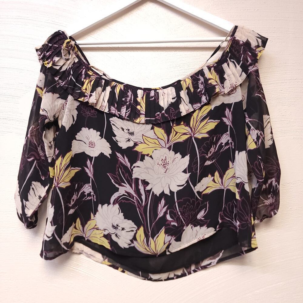 Ella Moss Blouse Size M Floral Sheer Lightweight Crop Cold Shoulder Wide Neck